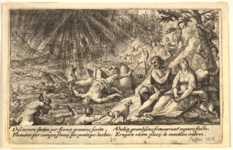 The beginning of the Flood- men and women climb to higher ground at right, water overtaking animals and people at left, Noah's Ark beyond, from a series of engravings made for the first edition of the 'Liber Genesis' MET DP828358