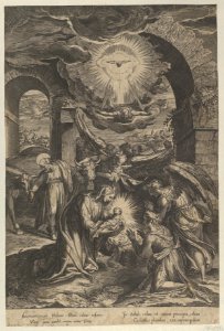 The Birth of Christ, who is held by the Virgin against a penumbra of light, adoring angels, and Joseph leading a donkey at left MET DP836955