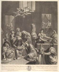 The birth of the Virgin; woman seated with an infant in her lap, numerous women surrounding her, angels above, after Reni MET DP841186