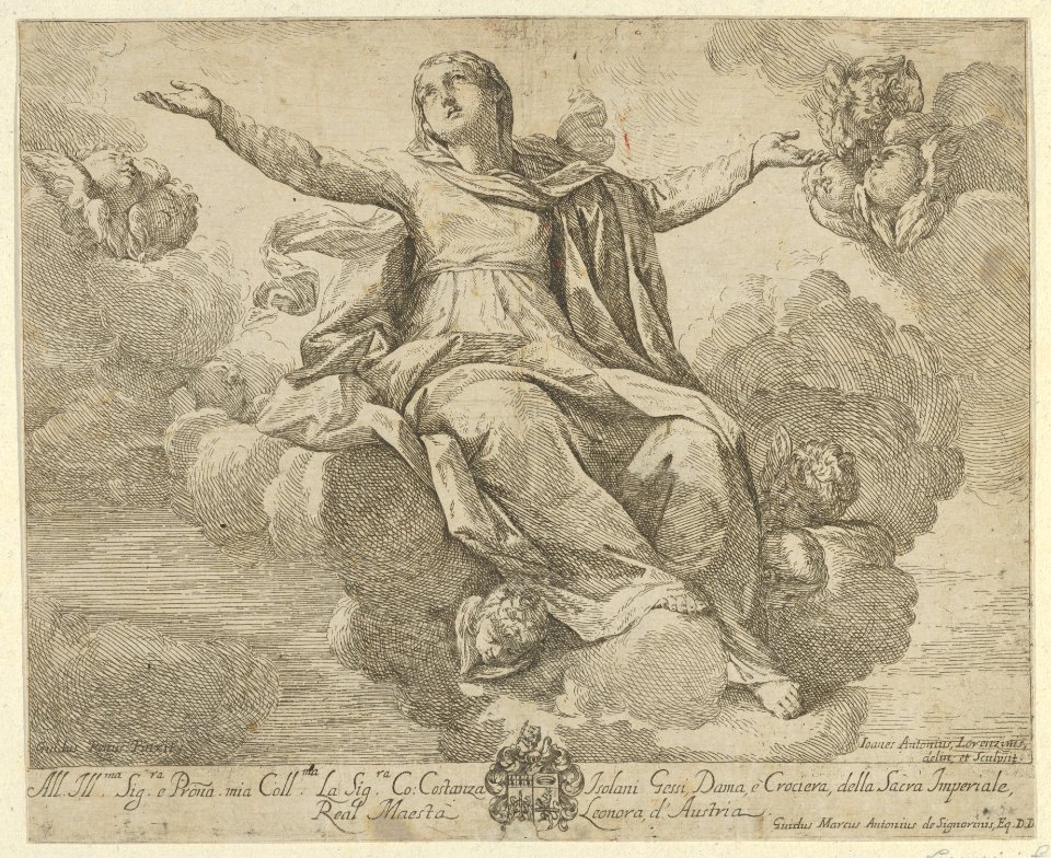 The Assumption of the Virgin, who is seated in the clouds with arms outstretched, angels surrounding her MET DP841764