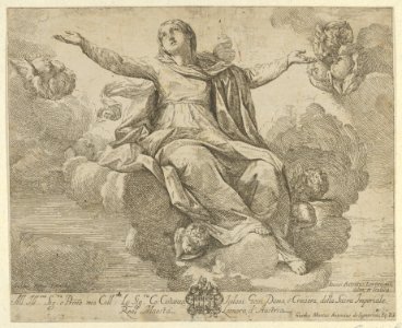 The Assumption of the Virgin, who is seated in the clouds with arms outstretched, angels surrounding her MET DP841764