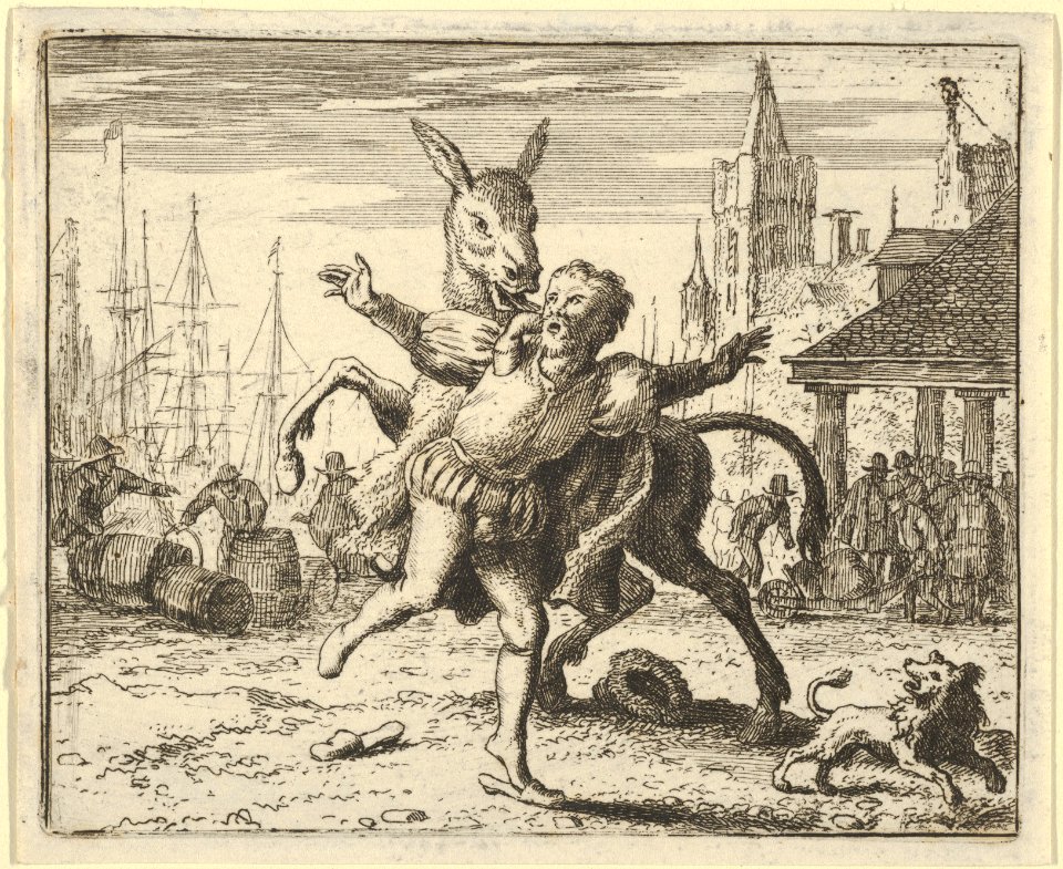 The Ass, Jealous of the Attention the Dog Is Getting From His Master, Looks to Imitate Him by Jumping at the Master's Neck from Hendrick van Alcmar's Renard The Fox MET DP837679
