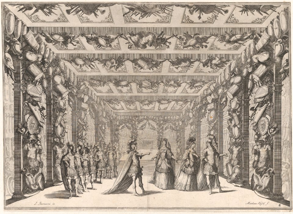 The Arsenal; two soldiers conversing with two women on the right as a group of soldiers look on from the left; set design from 'Il Fuoco Eterno' MET DP874827
