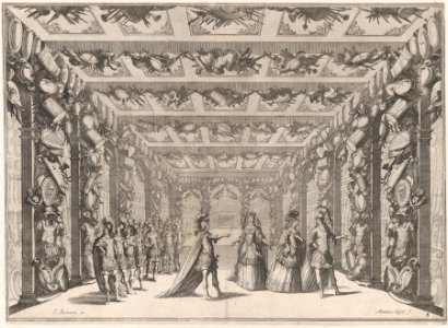 The Arsenal; two soldiers conversing with two women on the right as a group of soldiers look on from the left; set design from 'Il Fuoco Eterno' MET DP874827