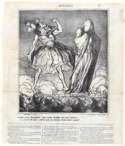 The bearded lady- Imprudent woman! You dare hunt on my territory! Tragedy- What! Don't I have a beard as well?, from 'News of the day,' published in Le Charivari, February 16, 1867 MET DP877605