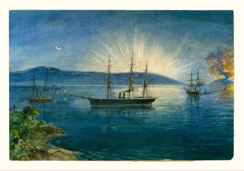 The Bay of Bull Arms, Trinity Bay, Newfoundland, Bonfires Lighted on the Hills to Notify of the Arrival of the Cable Fleet on August 5th, 1858 MET DP119850