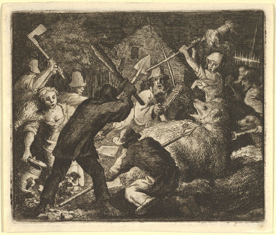 The Bear is Attacked by the Peasants from Hendrick van Alcmar's Renard The Fox MET DP837696