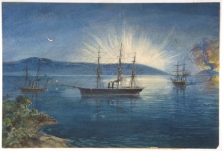 The Bay of Bull Arms, Trinity Bay, Newfoundland, Bonfires Lighted on the Hills to Notify of the Arrival of the Cable Fleet on August 5th, 1858 MET DP801232
