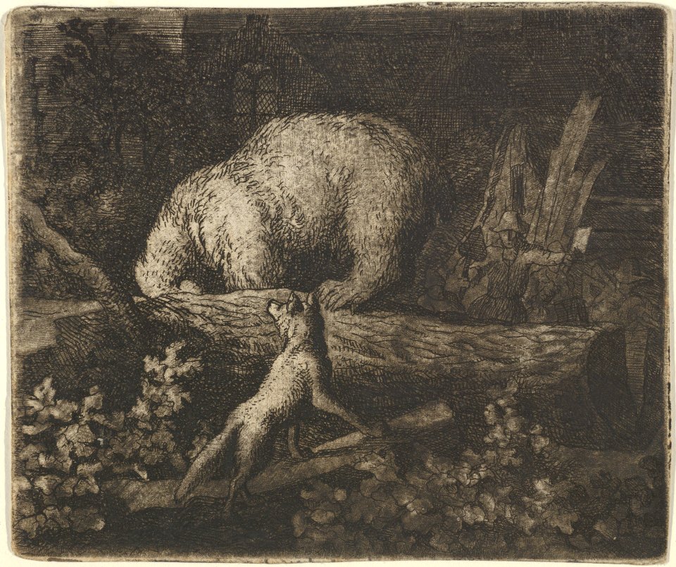 The Bear with His Snout and Forepaws Caught in the Trunk of a Tree from Hendrick van Alcmar's Renard The Fox MET DP837701