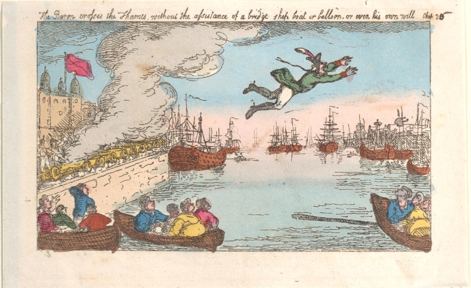 The Baron crosses the Thames without the assistance of a bridge, ship, boat, or balloon, or even his own will MET DP883687