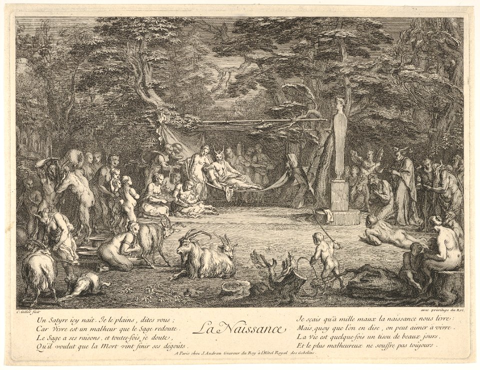 The Birth (La Naissance)- in a forest, the new mother resting in a hammock at center, the newborn below her to left, various satyrs and goats surrounding, from 'The lives of satyrs' (La vie des satyres) MET DP832472