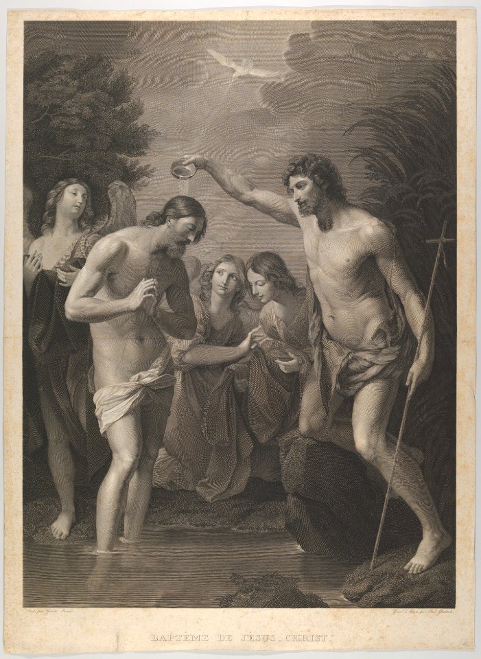 The Baptism of Christ; Saint John at right and Christ at left with his hands held together, the Holy Dove above, angels in the background, after Reni MET DP841187