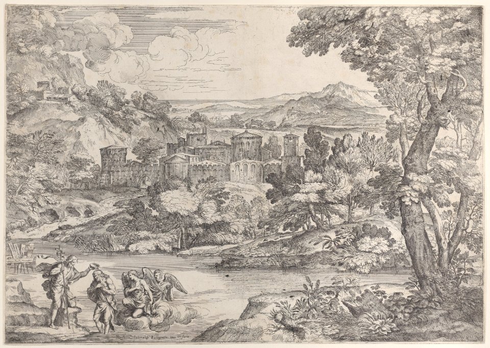The Baptism of Christ at lower left, within a landscape Met DP885631