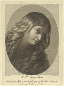 The head of Mary Magdalene looking down to the right, in an oval frame, after Reni MET DP841465
