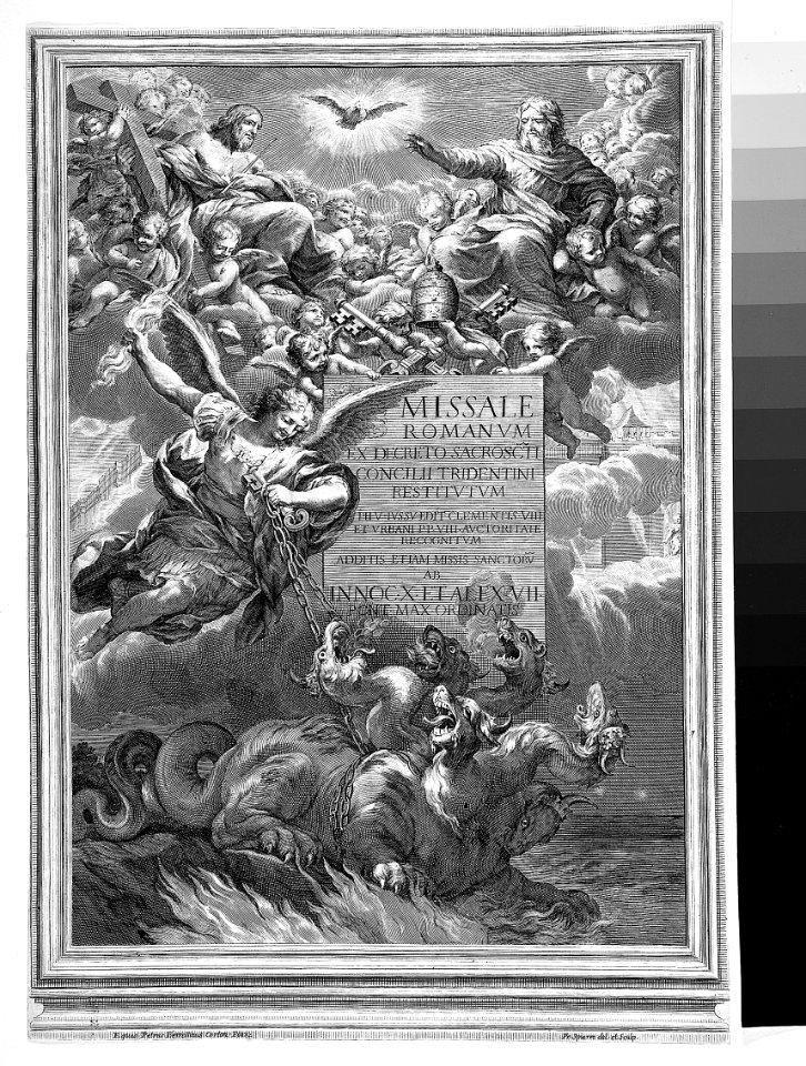 The holy trinity with Saint Michael vanquishing a six-headed dragon, frontispiece to 'Missale Romanum ex decreto sacrosancti Concilii tridentini restitutum' MET 049.3r2 54Q
