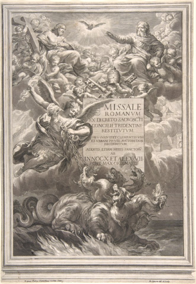 The holy trinity with Saint Michael vanquishing a six-headed dragon, frontispiece to 'Missale Romanum ex decreto sacrosancti Concilii tridentini restitutum' MET DP805809