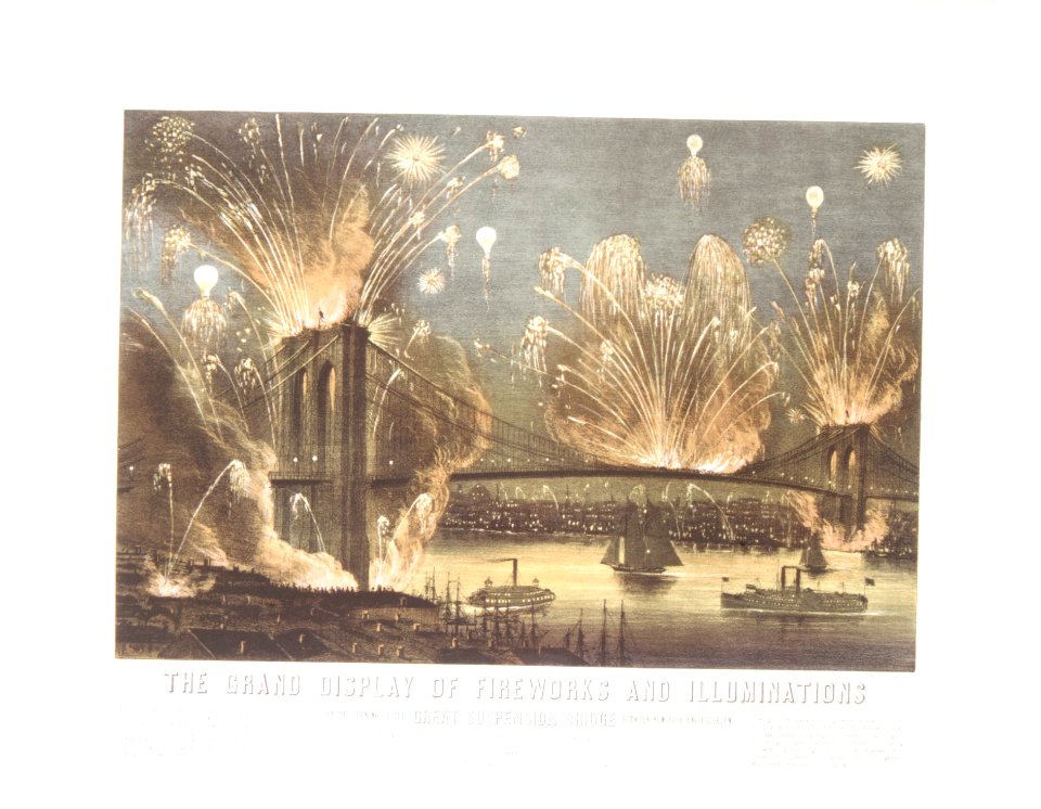 The Grand Display of Fireworks and Illuminations at the Opening of the Great Suspension Bridge Between New York and Brooklyn on the Evening of May 24, 1883. View from New York Looking towards Brooklyn. MET DR483