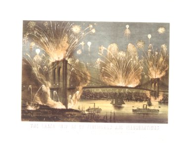 The Grand Display of Fireworks and Illuminations at the Opening of the Great Suspension Bridge Between New York and Brooklyn on the Evening of May 24, 1883. View from New York Looking towards Brooklyn. MET DR483