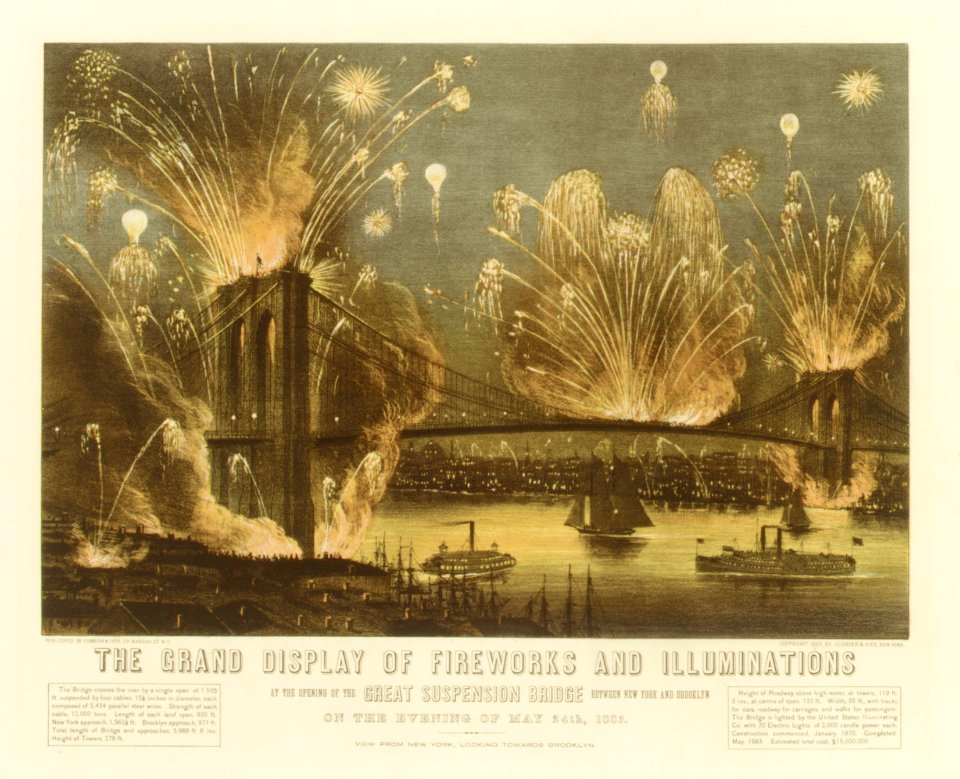 The Grand Display of Fireworks and Illuminations at the Opening of the Great Suspension Bridge Between New York and Brooklyn on the Evening of May 24, 1883. View from New York Looking towards Brooklyn. MET DR294