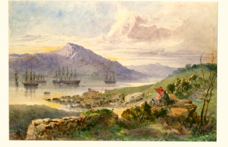 The Heights over Foilhummerum Bay, Valentia, the William Corey Heading Seawards, Laying the Shore-end of the Atlantic Telegraph Cable, July 7th, 1866 MET DP119841