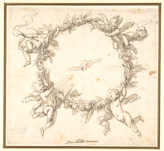 The Holy Spirit Surrounded by a Wreath of Flowers Held up by Infant Angels MET DP810397