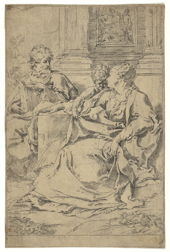 The Holy Family seated together in front of a collonade, Saint Joseph reading and the young Christ grasping the Virgin's drapery MET DP837842
