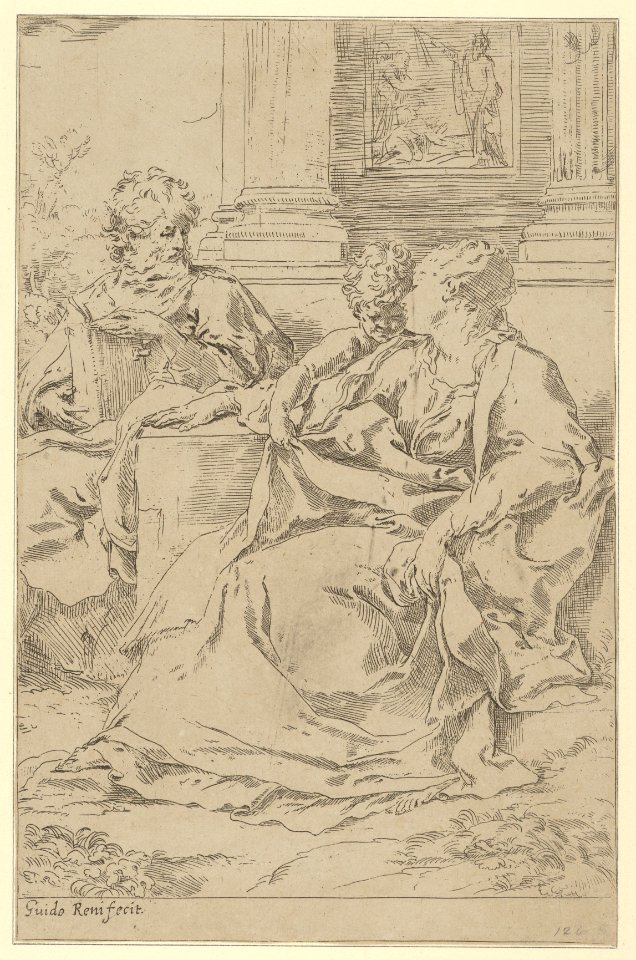 The Holy Family seated together in front of a collonade, Saint Joseph reading and the young Christ grasping the Virgin's drapery MET DP837843