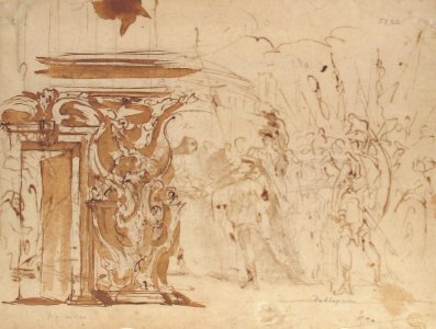 The Head of Pompey Presented to Julius Caesar (recto); Study for an Elaborate Door Frame (verso) MET 61.210 VERSO