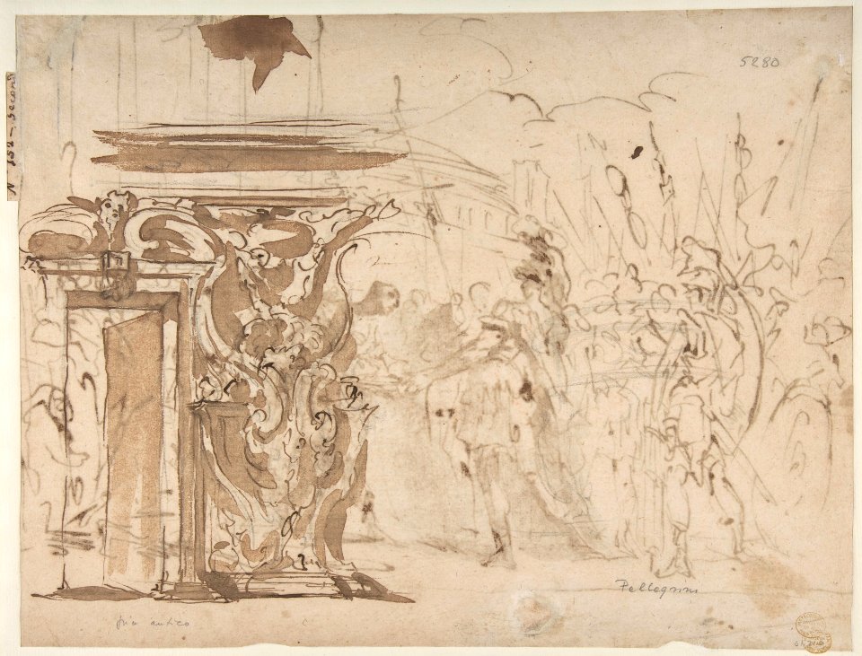 The Head of Pompey Presented to Julius Caesar (recto); Study for an Elaborate Door Frame (verso) MET DP811053