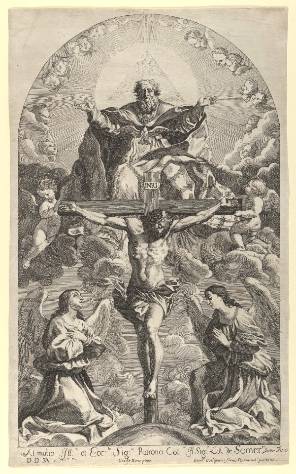 The Holy Trinity; Christ on the cross flanked by two angels, the Holy Spirit as a dove and God in heaven above the cross, a rectangular composition with half-circle at the top, after Reni MET DP838025