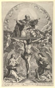 The Holy Trinity; Christ on the cross flanked by two angels, the Holy Spirit as a dove and God in heaven above the cross, a rectangular composition with half-circle at the top, after Reni MET DP838025
