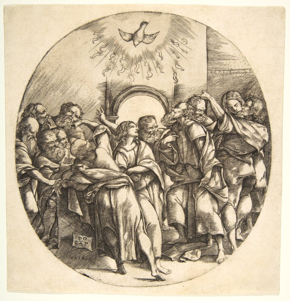The Holy Spirit as a bird descending with spread wings at top center; the twelve Apostles standing below gesturing to it in front of an archway MET DP813979