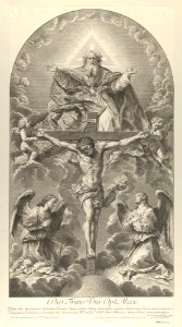 The Holy Trinity; Christ on the cross flanked by two angels, the Holy Spirit as a dove and God in heaven above the cross, a rectangular composition with half-circle at the top, after Reni MET DP841180