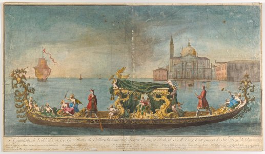 The highly ornamented second gondola of Ambassador Giovanni Battista Colloreado entering Venice MET DP853776