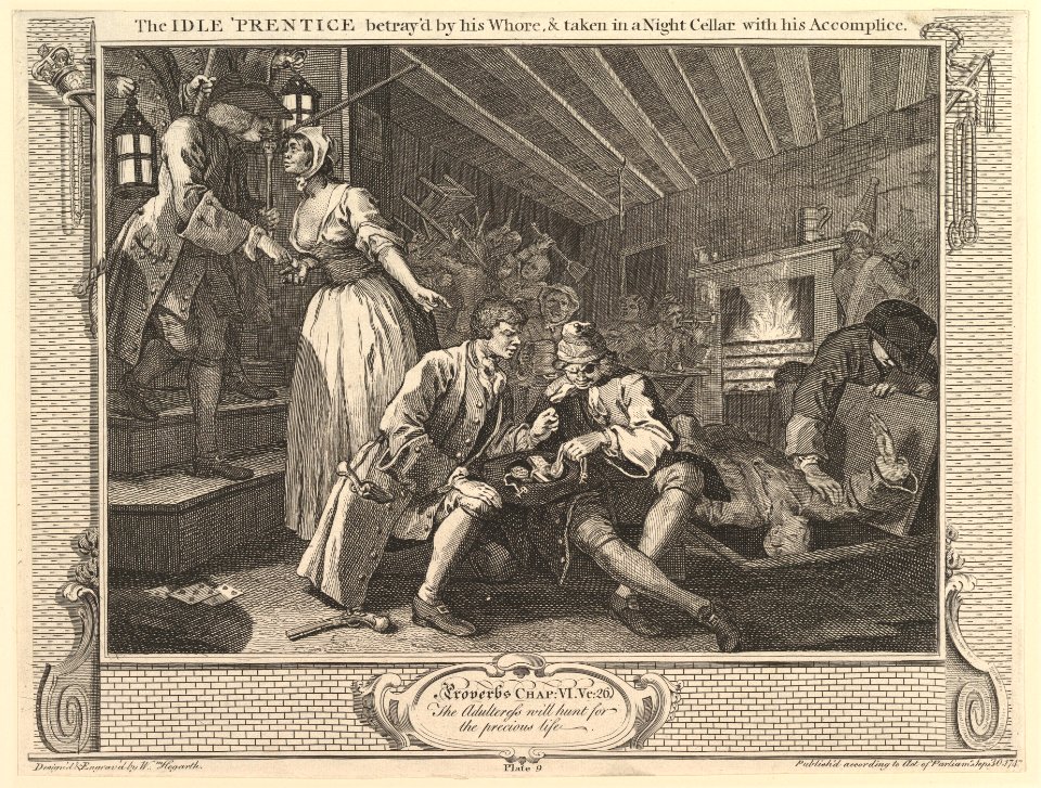 The Idle 'Prentice Betrayed by his Whore and Taken into a Night Cellar with his Accomplice- Industry and Idleness, plate 9 MET DP824999