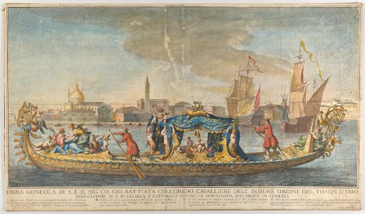 The highly ornamented first gondola of Ambassador Giovanni Battista Colloreado entering Venice MET DP853775
