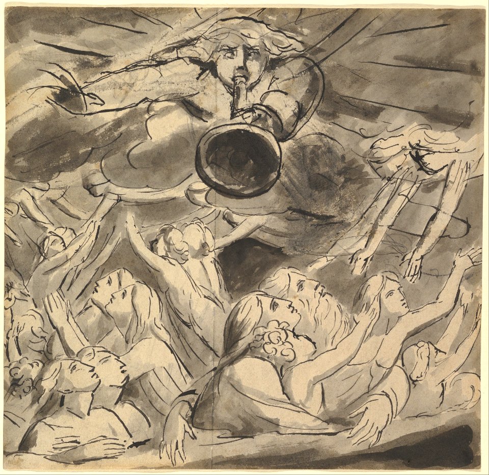 The Last Trumpet (recto); Two studies of a right eye, a profile of an open-mouthed young man, the head of an eagle, and the head of a lion (verso) MET DP819057