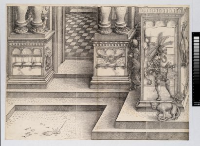 The Lower Portion of the Entryway to the Left Portal (Die Porten des Lobs); and the Outer Left Sockel of the Central Portal, from The Triumphal Arch of Maximilian I, 1st edition (1517-18) MET DP-16116-019