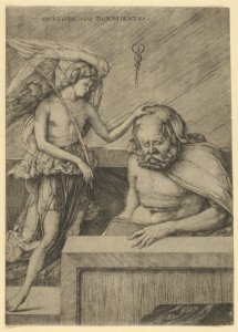 The Guardian Angel- an angel at left placing his hand on the head of a sleeping seated man MET DP853769