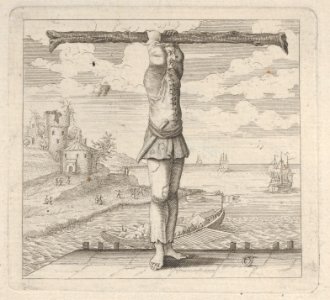 The letter T standing on a pier holding a tree trunk MET DP855600