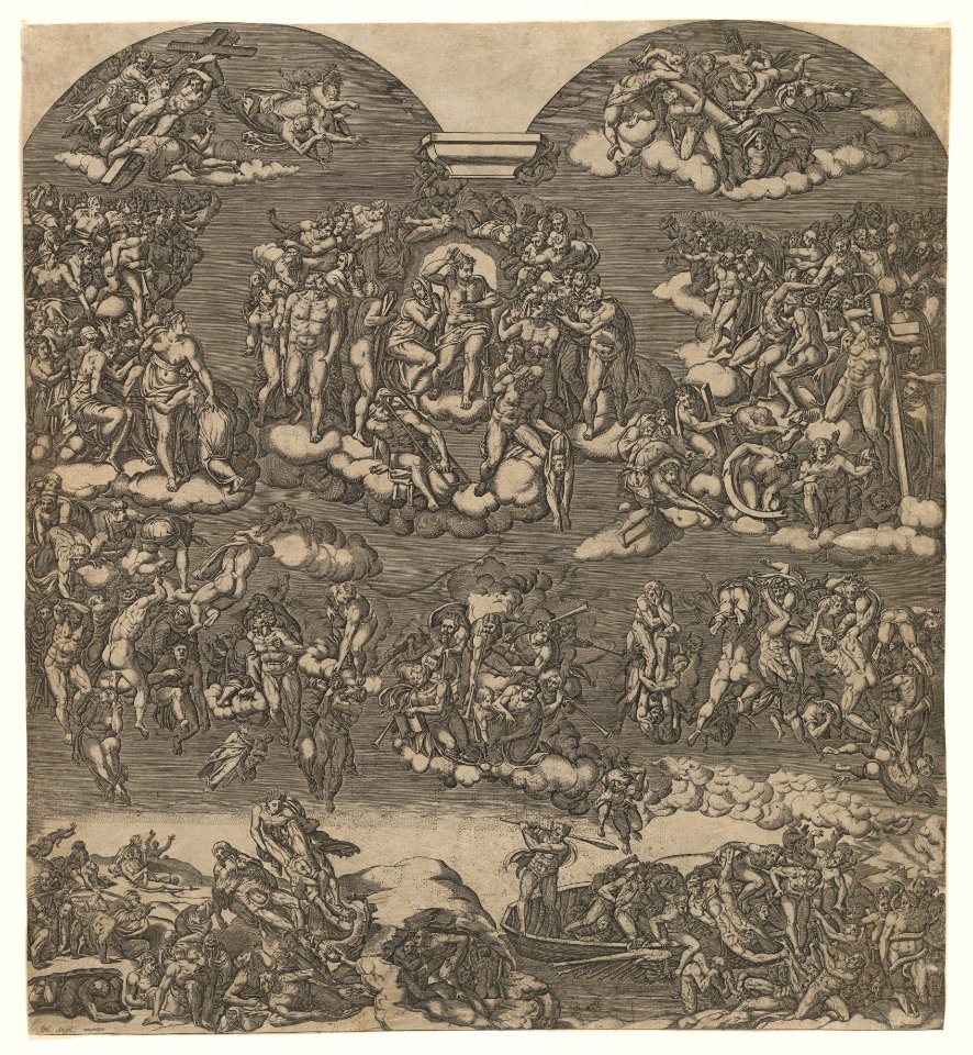 The Last Judgement, Christ in the upper centre surrounded by many figures, below figures sound trumpets and people are being forced from the boat into hell MET DP856674