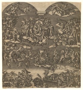 The Last Judgement, Christ in the upper centre surrounded by many figures, below figures sound trumpets and people are being forced from the boat into hell MET DP856674