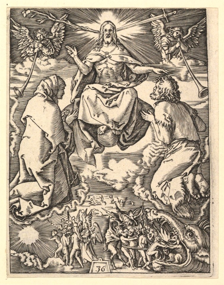 The Last Judgment; Christ with lily and sword at top, flanked by Virgin and St John the Baptist interceeding on behalf of the humans below, after Dürer MET DP820341