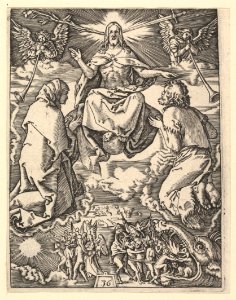 The Last Judgment; Christ with lily and sword at top, flanked by Virgin and St John the Baptist interceeding on behalf of the humans below, after Dürer MET DP820341