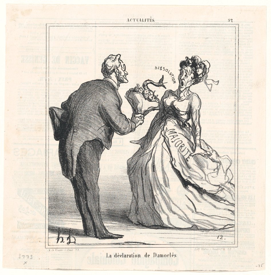 The declaration of Damocles, from 'News of the day,' published in Le Charivari, March 25, 1870 MET DP877820