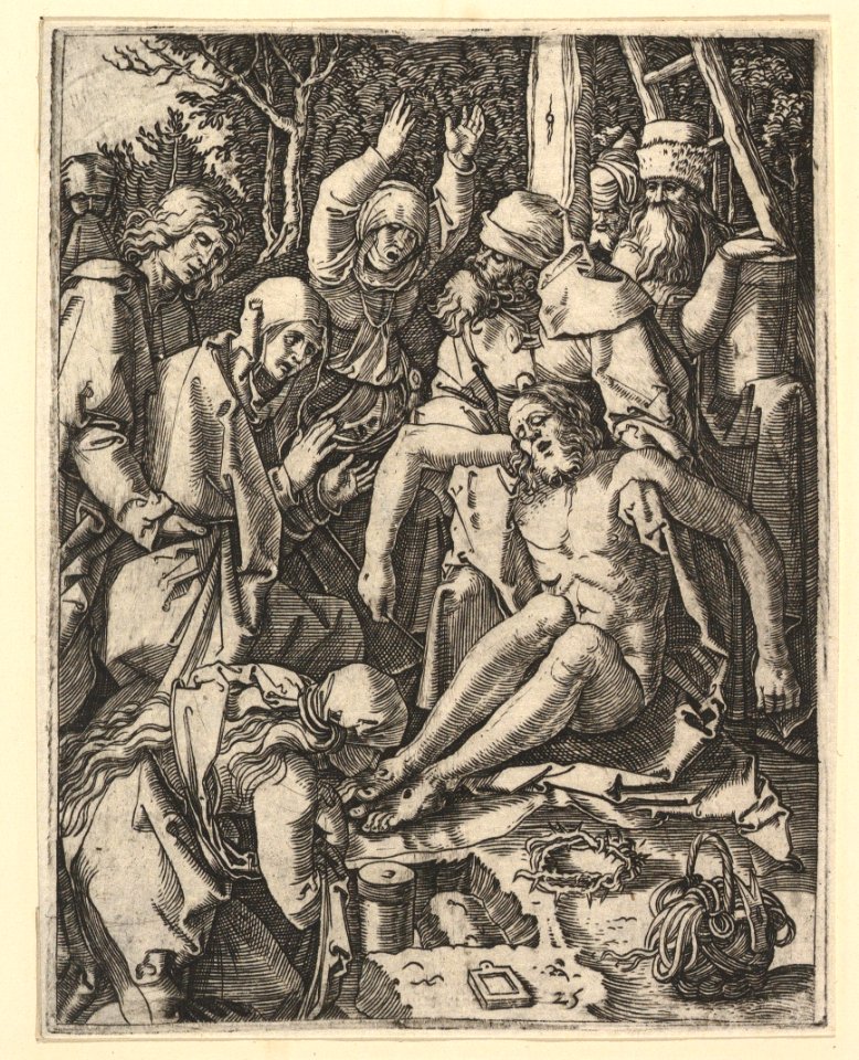 The Deposition; Christ being taken from the Cross, a man on a ladder is holding the body while St John is supporting the weight with a cloth rope, after Dürer MET DP820330