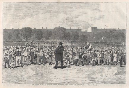 The Fourth of July in Tompkins Square, New York – "The Sogers Are Coming" – Drawn by Winslow Homer (Harper's Bazar- A Repository of Fashion, Pleasure and Instruction, Vol. I) MET DP875285