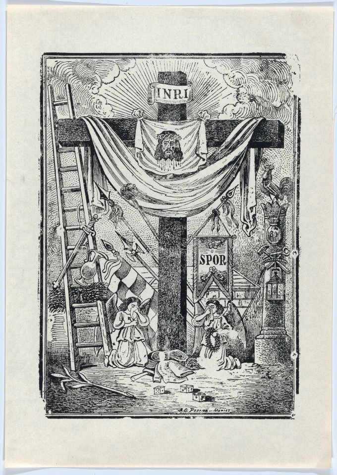 The cross decorated with instruments of the passion of Christ, two weeping angels below MET DP874530