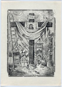The cross decorated with instruments of the passion of Christ, two weeping angels below MET DP874530