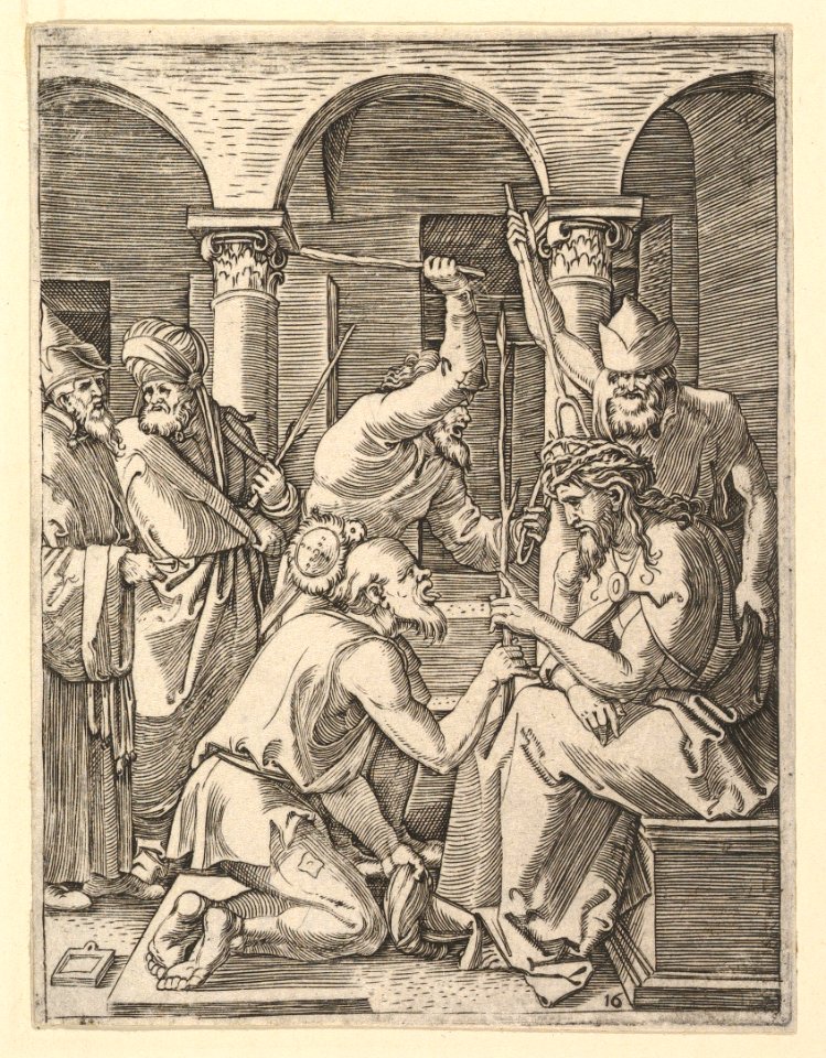 The Crown of Thorns; men putting crown of thorns on Christ who blesses kneeling man, after Dürer MET DP820321